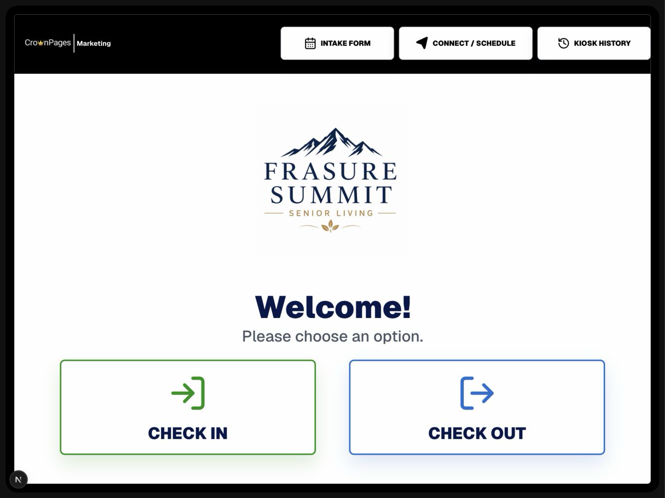 CrownPages kiosk check-in and check-out interface