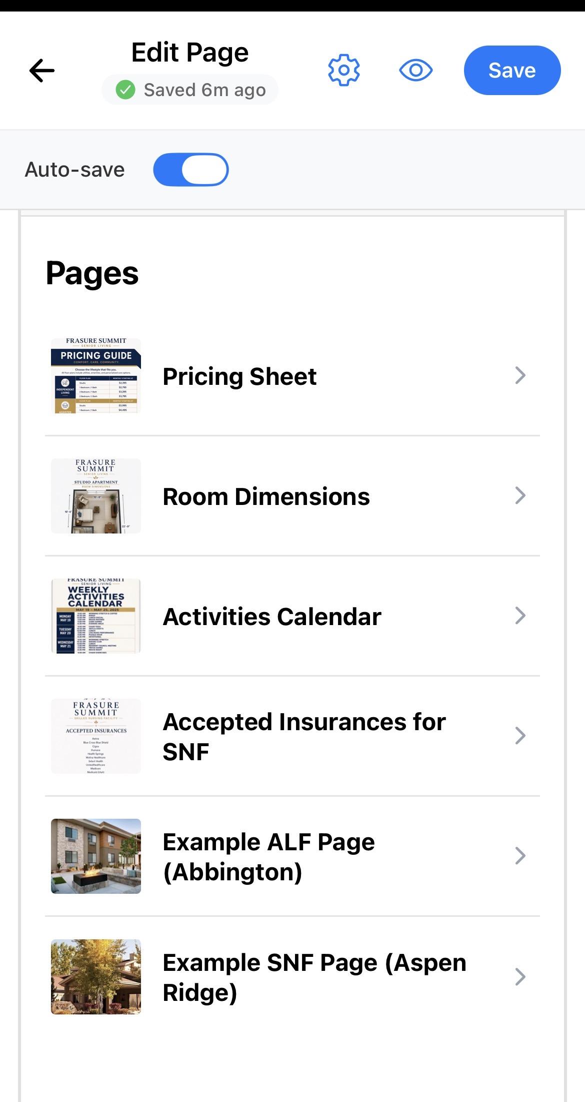 CrownPages mobile page editor showing Frasure Summit resources