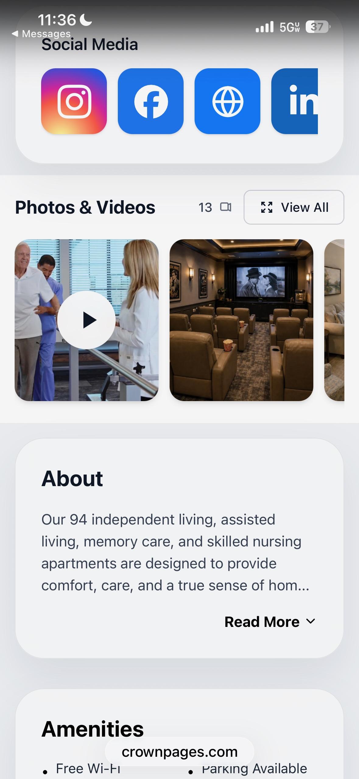 CrownPages mobile page showing social media, photos, videos, and community information