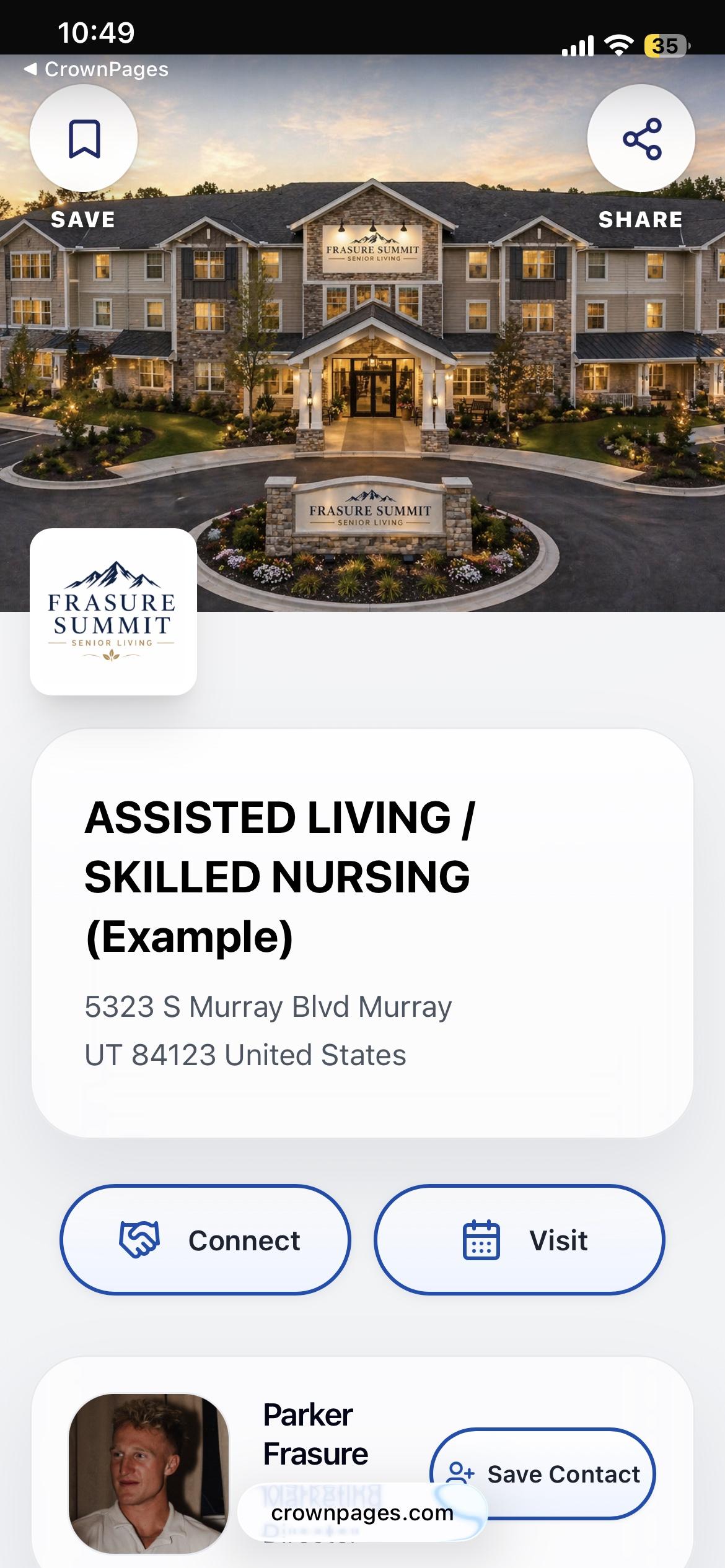 Frasure Summit digital information page displayed in the CrownPages mobile app